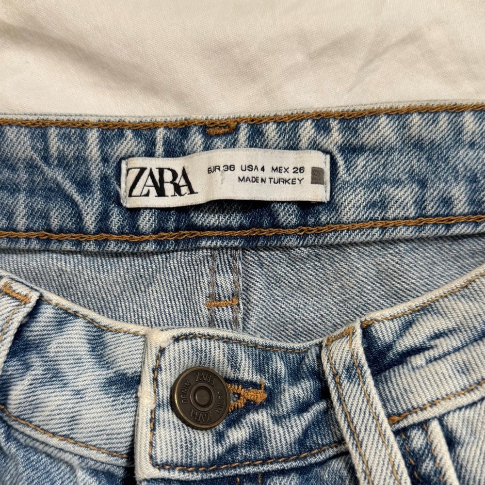 Zara Distressed Hi-Rise Straight Leg Jeans Women's 4 Blue Denim Slit Hem Acid - Picture 4 of 13